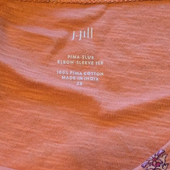 J Jill Tee Womens Size 2X Orange Floral Print 100% Pima Slub Elbow Length Sleeve - Picture 3 of 9